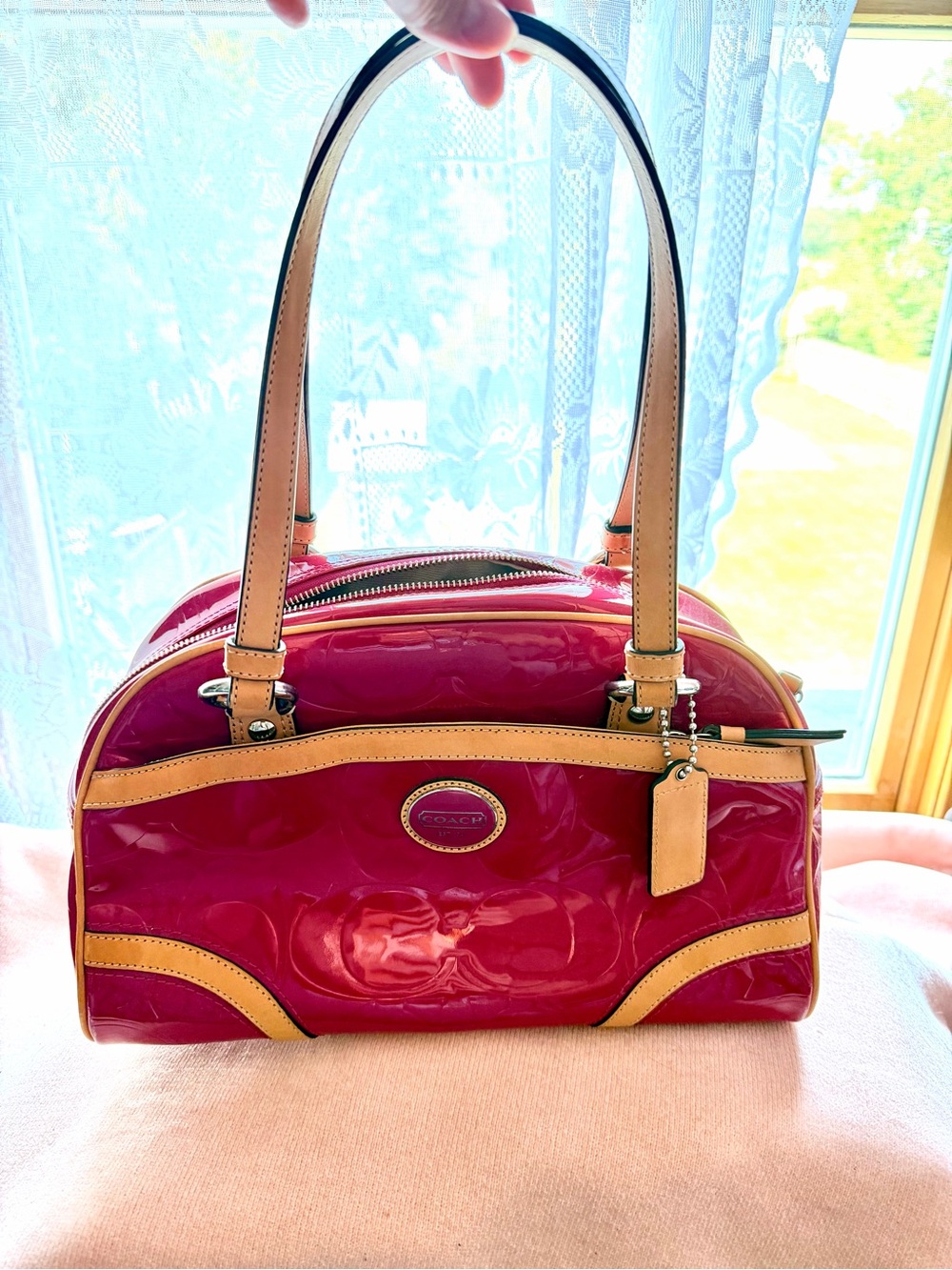 Y2K Coach Hot Pink Patent Leather Shoulder Satchel with Tan Trim